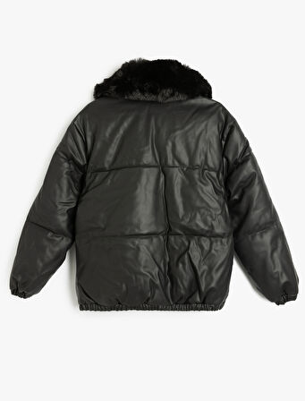 Yakası Çıkarılabilir Suni Kürklü Cepli Suni Deri Şişme Mont