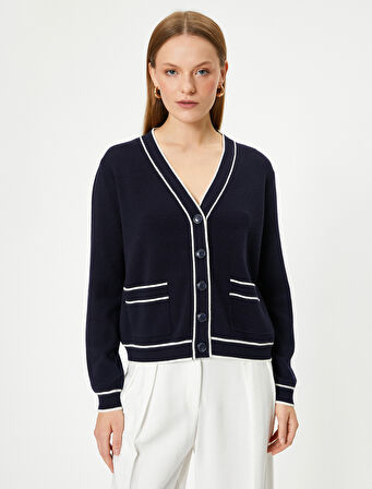 V Yaka Triko Yelek Renk Kontrastlı Uzun Kollu Düğmeli