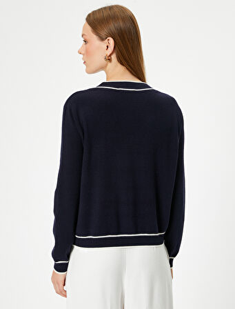 V Yaka Triko Yelek Renk Kontrastlı Uzun Kollu Düğmeli