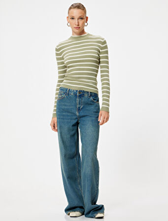 Triko Kazak Fitilli Hafif Dik Yaka Uzun Kollu