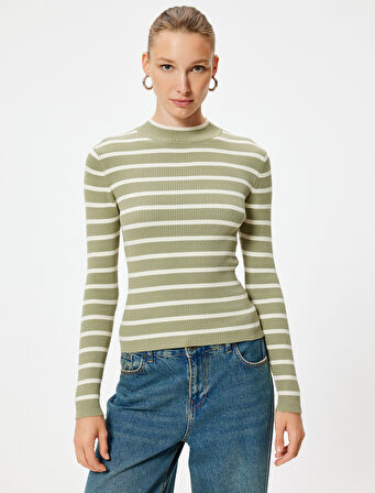 Triko Kazak Fitilli Hafif Dik Yaka Uzun Kollu