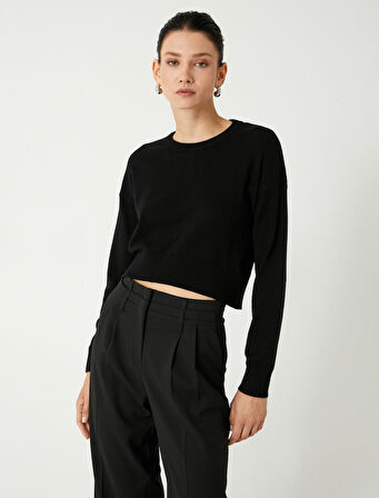 Bisiklet Yaka Sweatshirt Uzun Kollu Viskon Kumaş Karışımlı