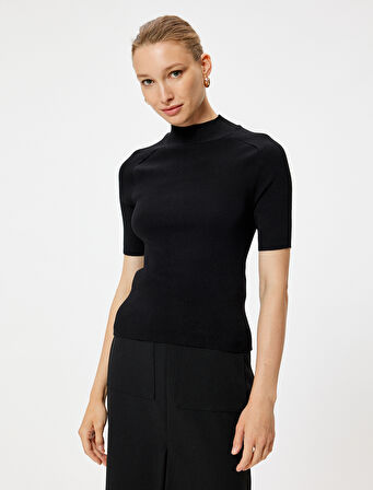 Kısa Kollu Triko Kazak Dik Yaka Fitilli