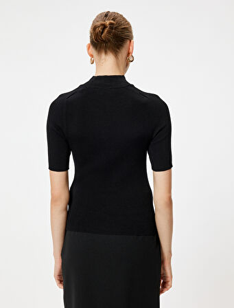 Kısa Kollu Triko Kazak Dik Yaka Fitilli