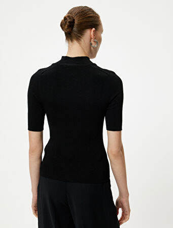 Kısa Kollu Triko Kazak Dik Yaka Fitilli