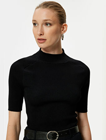 Kısa Kollu Triko Kazak Dik Yaka Fitilli