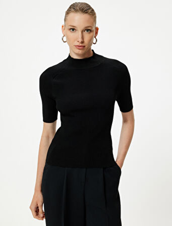 Kısa Kollu Triko Kazak Dik Yaka Fitilli