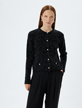 Uzun Kollu Yuvarlak Yaka Düğmeli Cepli Peluş Hırka