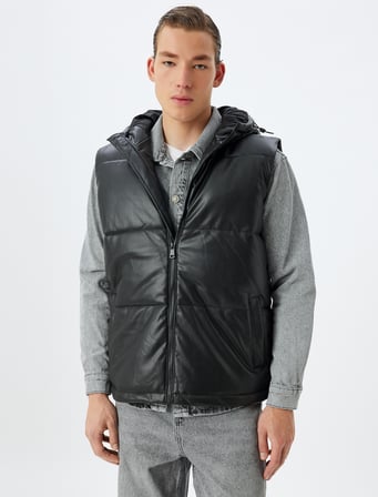 Şişme Yelek Slim Fit Kapşonlu Fermuarlı Cepli