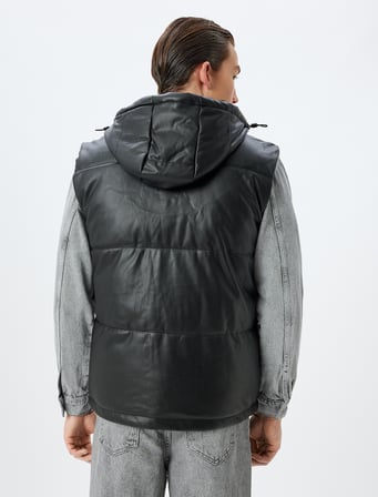 Şişme Yelek Slim Fit Kapşonlu Fermuarlı Cepli