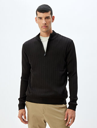 Triko Kazak Dik Yaka Yarım Fermuarlı Basic Yün Karışımlı