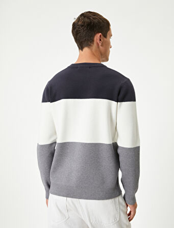 Bisiklet Yaka Kazak Renk Bloklu Triko Uzun Kollu