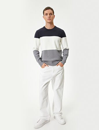 Bisiklet Yaka Kazak Renk Bloklu Triko Uzun Kollu