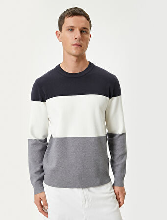 Bisiklet Yaka Kazak Renk Bloklu Triko Uzun Kollu