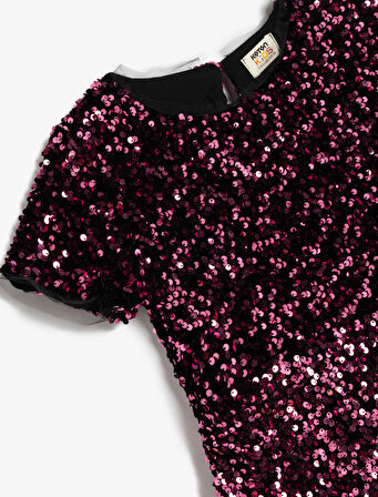 Pullu Payetli Yuvarlak Yaka Kısa Kollu Elbise