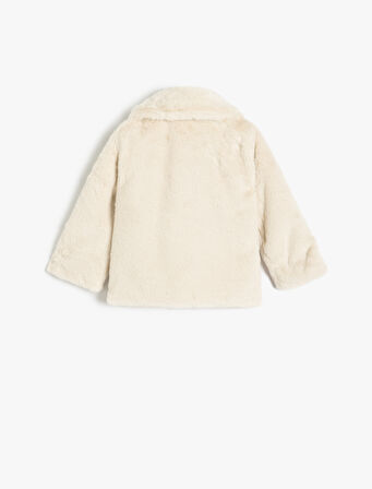 Kapşonlu Peluş Mont Düğme Kapamalı Uzun Kollu 