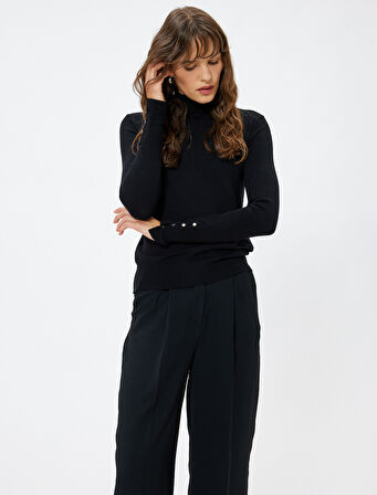 Basic Balıkçı Yaka Triko Kazak Uzun Kollu Düğme Detaylı