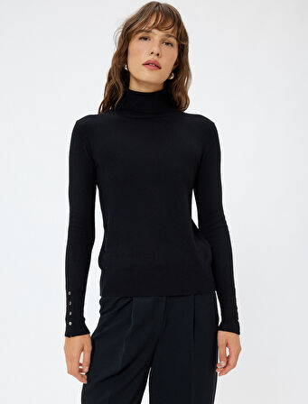 Basic Balıkçı Yaka Triko Kazak Uzun Kollu Düğme Detaylı