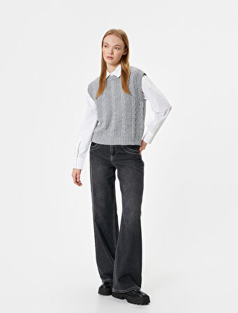 Triko Örgü Dokulu Kolsuz Süveter Bisiklet Yaka