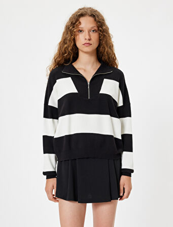 Yarım Fermuarlı Kazak Triko Uzun Kollu Renk Bloklu