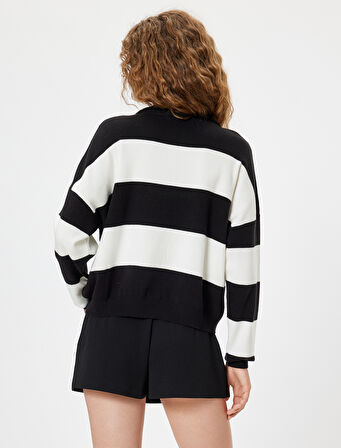 Yarım Fermuarlı Kazak Triko Uzun Kollu Renk Bloklu