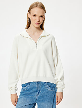 Yarım Fermuarlı Kazak Uzun Kollu Viskon Karışımlı Düşük Omuzlu