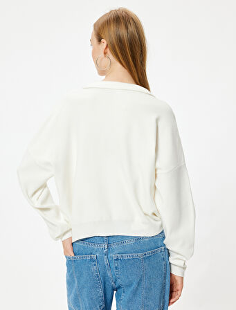 Yarım Fermuarlı Kazak Uzun Kollu Viskon Karışımlı Düşük Omuzlu