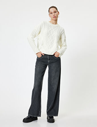 Bisiklet Yaka Triko Kazak Saç Örgü Dokulu Püsküllü Uzun Kollu