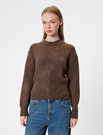 Bisiklet Yaka Kazak Fermuar Detaylı Yumuşak Dokulu Uzun Kollu