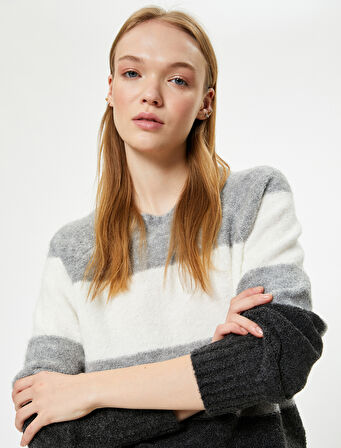 Triko Kazak Bisiklet Yaka Uzun Kollu Renk Bloklu