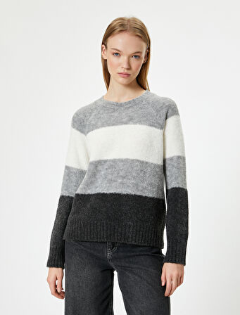 Triko Kazak Bisiklet Yaka Uzun Kollu Renk Bloklu