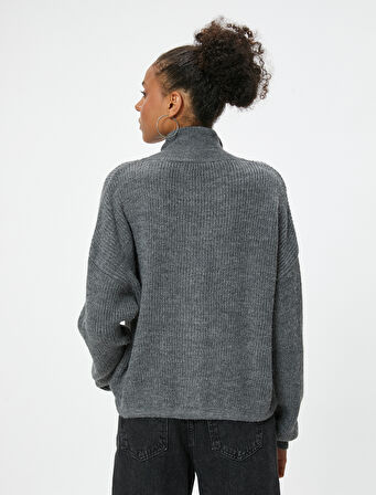 Fermuarlı Triko Hırka Dik Yaka Bağcık Detaylı Biyeli