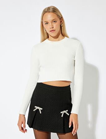 Crop Triko Kazak Bisiklet Yaka Slim Fit Uzun Kollu