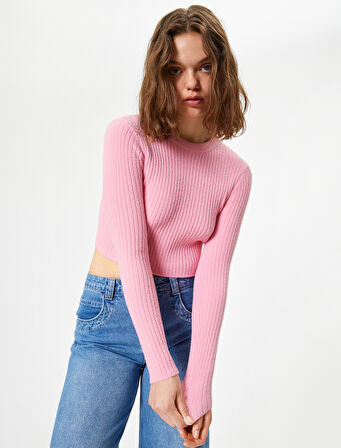 Crop Triko Kazak Bisiklet Yaka Slim Fit Uzun Kollu