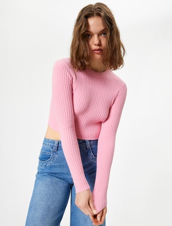 Crop Triko Kazak Bisiklet Yaka Slim Fit Uzun Kollu