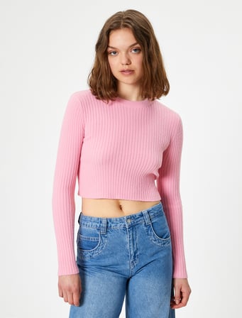 Crop Triko Kazak Bisiklet Yaka Slim Fit Uzun Kollu