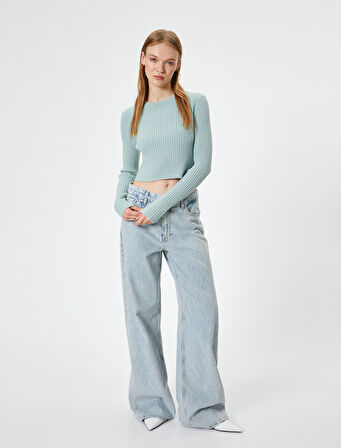 Crop Triko Kazak Bisiklet Yaka Slim Fit Uzun Kollu