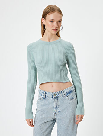 Crop Triko Kazak Bisiklet Yaka Slim Fit Uzun Kollu