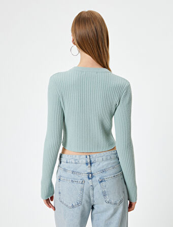 Crop Triko Kazak Bisiklet Yaka Slim Fit Uzun Kollu