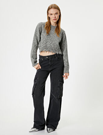 Kırçıllı Triko Kazak Yırtık Detaylı Uzun Kollu Bisiklet Yaka