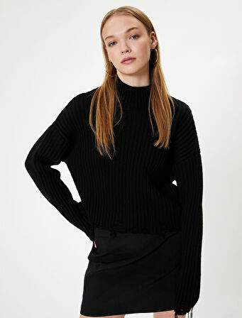 Boğazlı Kazak Uzun Kollu Kaşkorse Yıpratma Detaylı