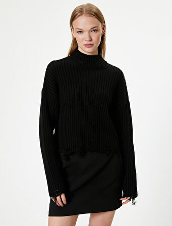 Boğazlı Kazak Uzun Kollu Kaşkorse Yıpratma Detaylı