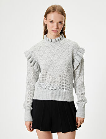 Triko Kazak Dokulu Fırfır Detaylı Dik Yaka