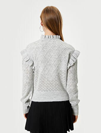 Triko Kazak Dokulu Fırfır Detaylı Dik Yaka