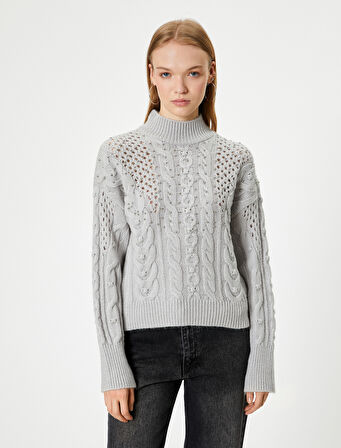 Ajurlu Triko Kazak Boncuk İşlemeli Dik Yaka