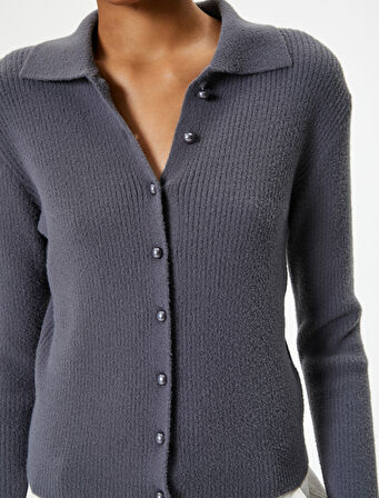 Düğmeli Triko Hırka Uzun Kollu Klasik Gömlek Yaka