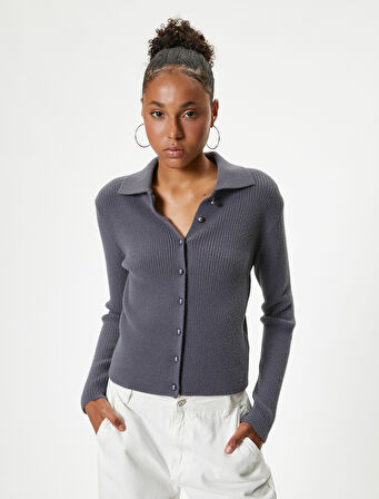 Düğmeli Triko Hırka Uzun Kollu Klasik Gömlek Yaka