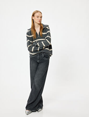 Yarım Fermuarlı Kazak Uzun Kollu Renk Bloklu Düşük Omuzlu Rahat Kalıp