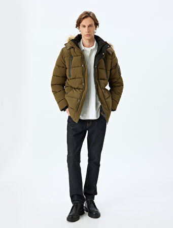 Şişme Mont Suni Kürklü Kapşonlu Etiket Detaylı Slim Fit Fermuarlı