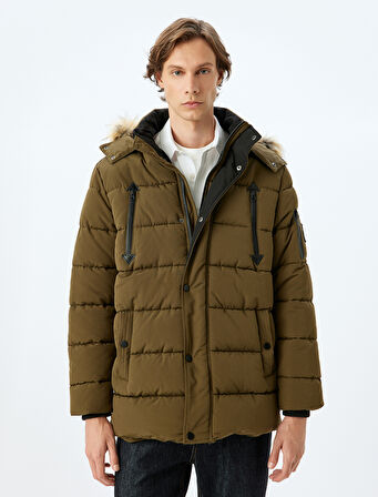 Şişme Mont Suni Kürklü Kapşonlu Etiket Detaylı Slim Fit Fermuarlı